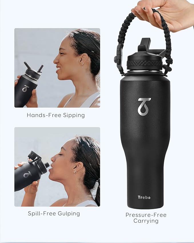 Trebo 40 oz Insulated Water Bottle that Fits in Car Cup Holder,Triple Wall Stainless Steel Water Bottles Insulated,LeakProof